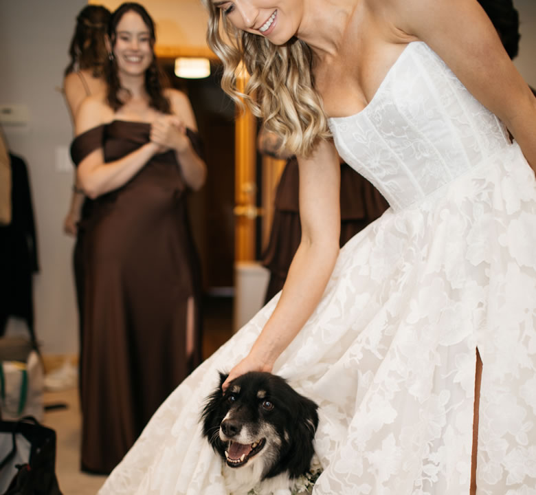 A bride in a lace gown greeting her black dog while getting ready with her bridesmaids